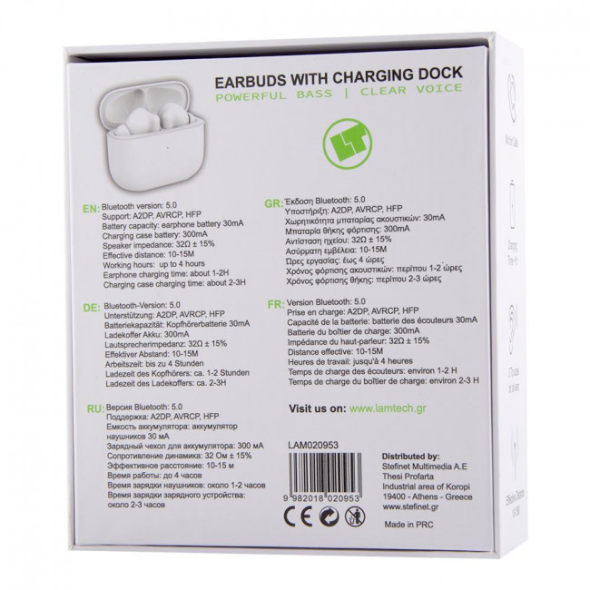 Ακουστικά In-ear Λευκά Lamtech Bluetooth Handsfree 5.0 TWS με Θήκη Φόρτισης (LAM020953)