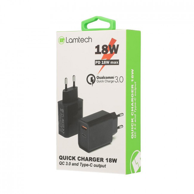 Φορτιστής Γρήγορης Φόρτισης Μαύρος 18W Lamtech Χωρίς Καλώδιο με Θύρα USB-A και Θύρα USB-C (LAM022018)