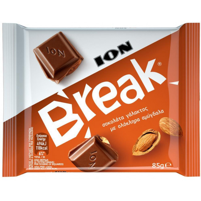Σοκολάτα Γάλακτος ION Break με Ολόκληρα Αμύγδαλα (85g) (1τμχ)