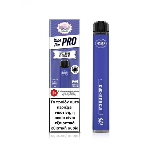 Ηλεκτρονικό Τσιγάρο Μιας Χρήσης Dinner Lady Vape Pen Pro 600 Razz Blue Lemonade Disposable 20mg 2ml