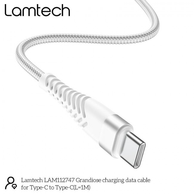 Καλώδιο Φόρτισης Λευκό Πλεκτό Άθραυστο Type-C σε Type-C 1m Lamtech HQ (LAM112747)