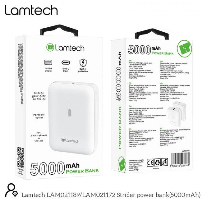 Power Bank Λευκό Lamtech 5000mAh με Θύρες USB-A και Type-C (LAM021189)