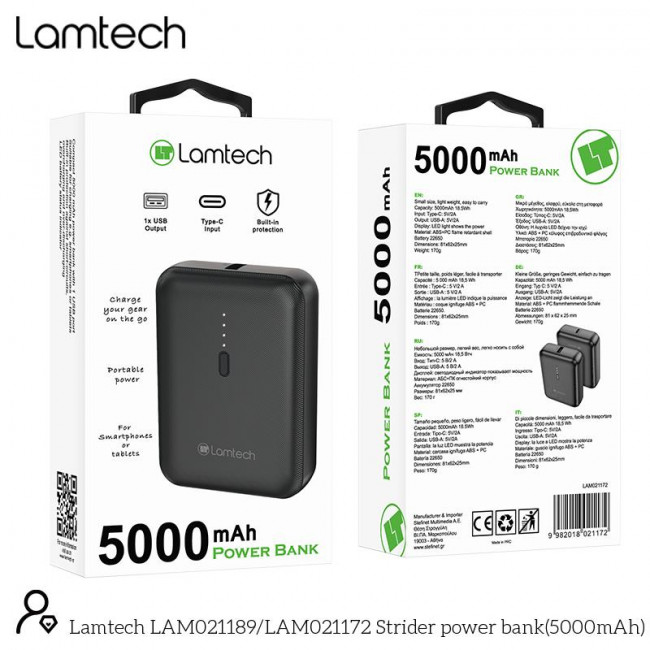 Power Bank Μαύρο Lamtech 5000mAh με Θύρες USB-A και Type-C (LAM021172)