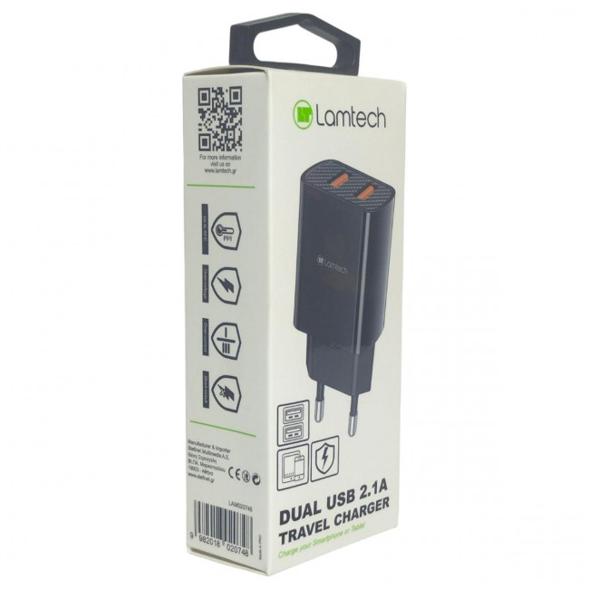 Φορτιστής Γρήγορης Φόρτισης Μαύρος Lamtech Χωρίς Καλώδιο με 2 Θύρες USB-A (LAM020748)