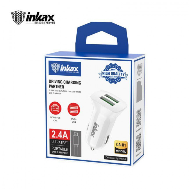 Φορτιστής Αυτοκινήτου Λευκός 2 Θύρες Usb & Καλώδιο Φόρτισης USB σε Micro 2.4A 1m Inkax (CA-01) (1τμχ)