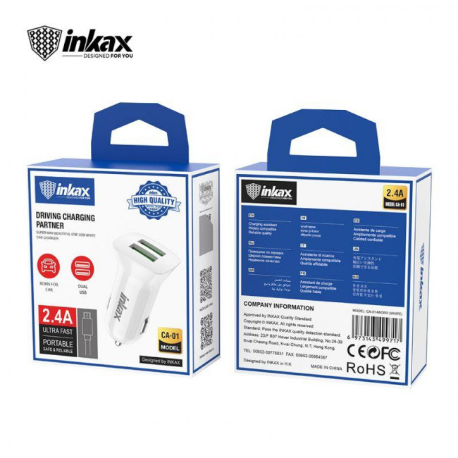 Φορτιστής Αυτοκινήτου Λευκός 2 Θύρες Usb & Καλώδιο Φόρτισης USB σε Micro 2.4A 1m Inkax (CA-01) (1τμχ)