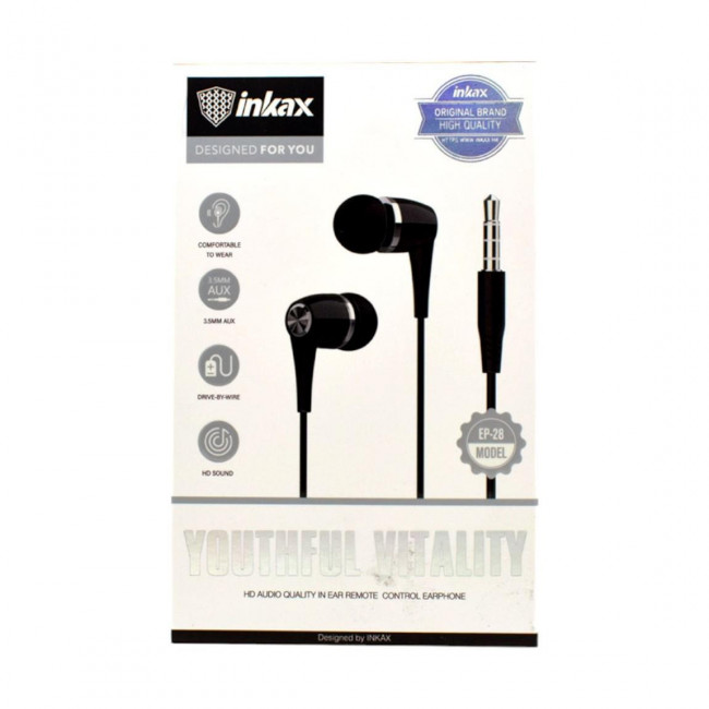 Ακουστικά Earphones In-Ear Handsfree Μαύρα με Βύσμα Aux 3.5mm Inkax (EP-28) (1τμχ)